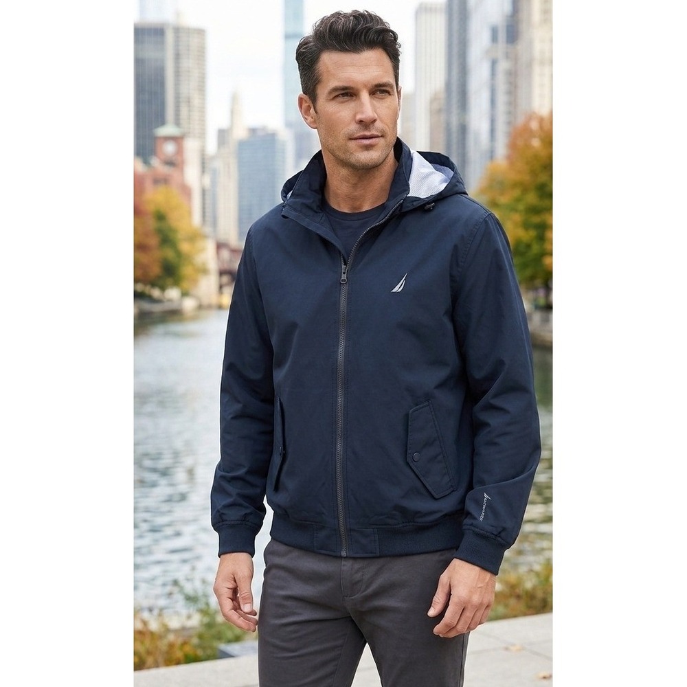 Nautica Hooded Full Zip Mesh Lined Windbreaker Jacket Men's XL Navy Blue Outdoor